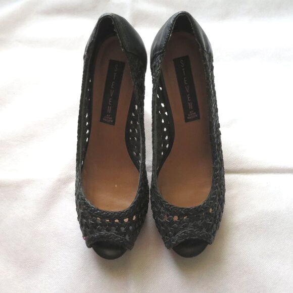 STEVE By Steve Madden Black Woven Leather Platform Peep Toe Votive Pumps - Picture 4 of 16